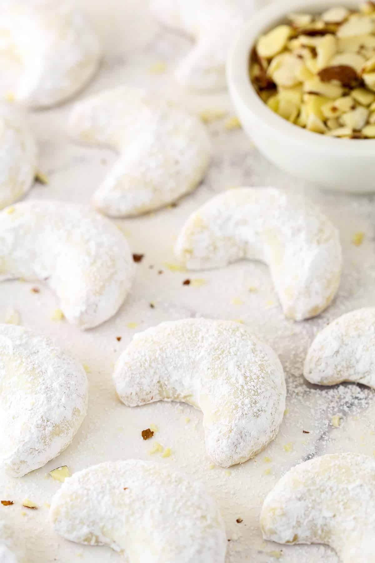 Powdered sugar-dusted almond crescents