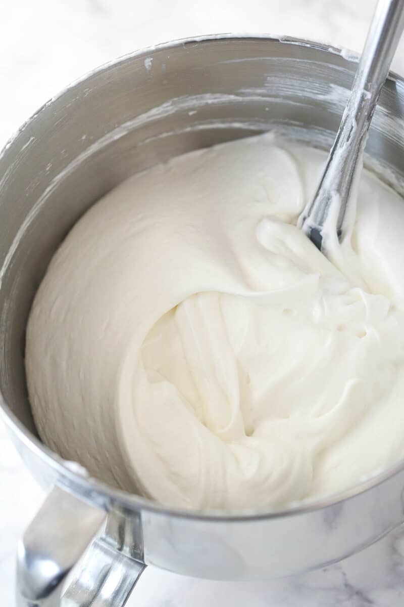 Angel food cake batter in a mixing bowl.