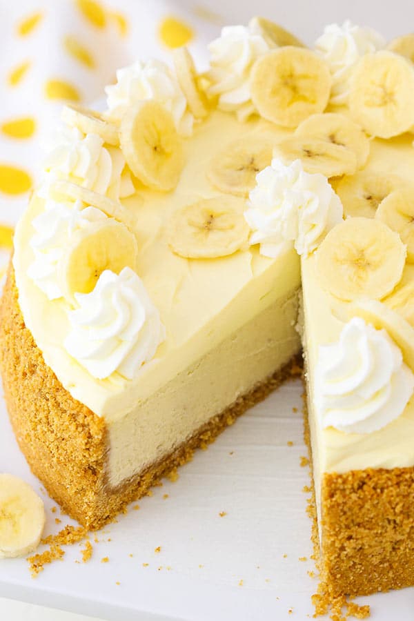 Banana Cream Cheesecake with slice missing angled view