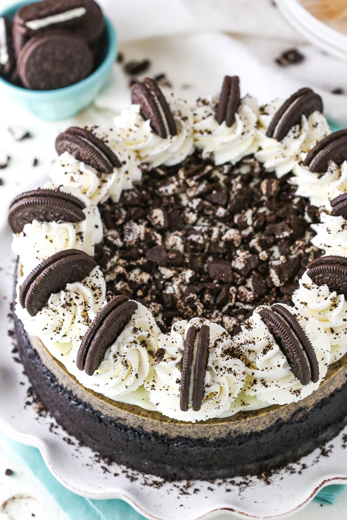 Overehead of the Best Oreo cheesecake on a cake platter.
