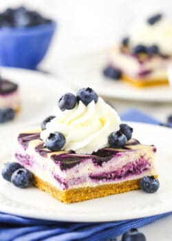 A cheesecake square with blueberries and whipped cream