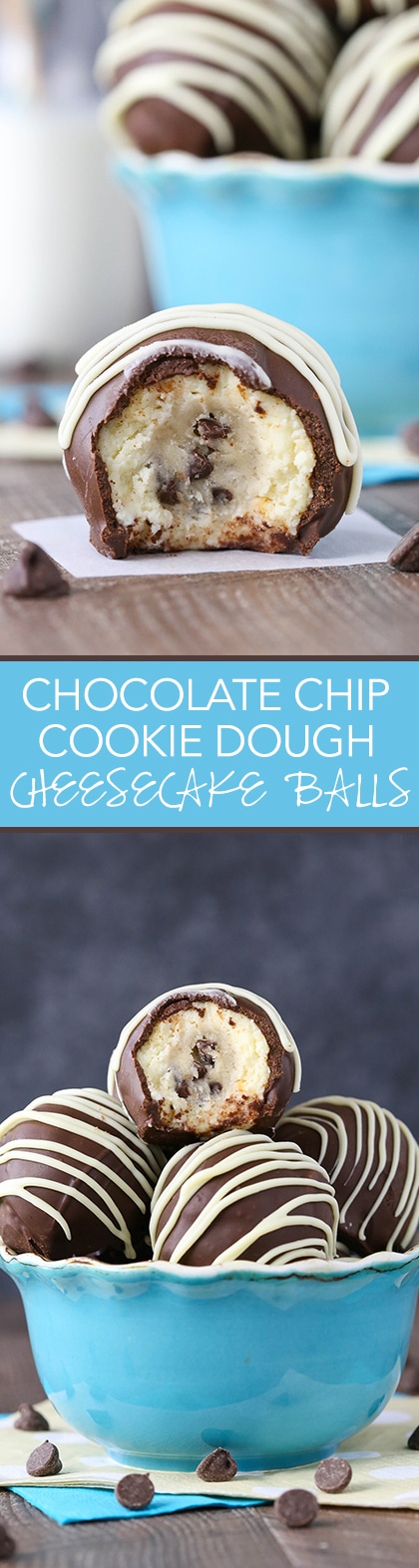 Chocolate Chip Cookie Dough Cheesecake Balls - eggless cookie dough surrounded by vanilla cheesecake! All dipped in chocolate! So good!