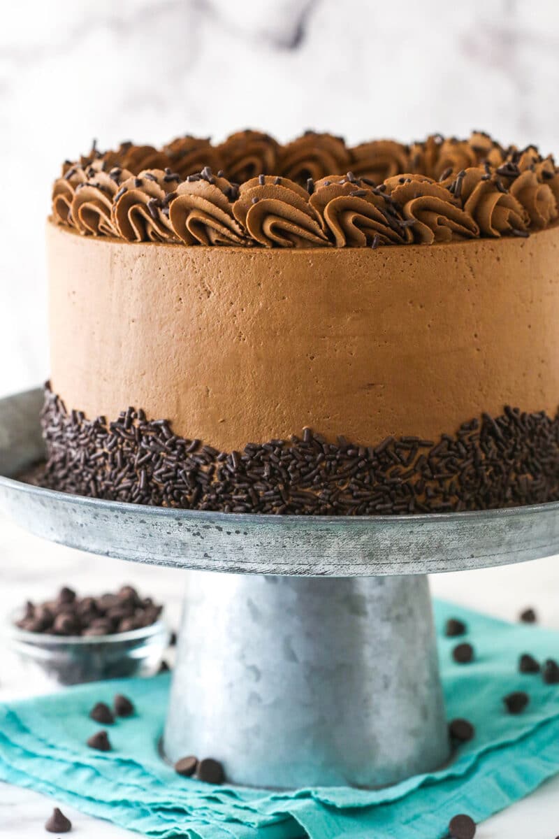Chocolate mousse layer cake on a cake stand near a bowl of chocolate chips.