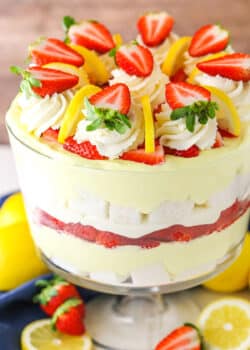 Lemon Strawberry Trifle in a clear glass trifle bowl