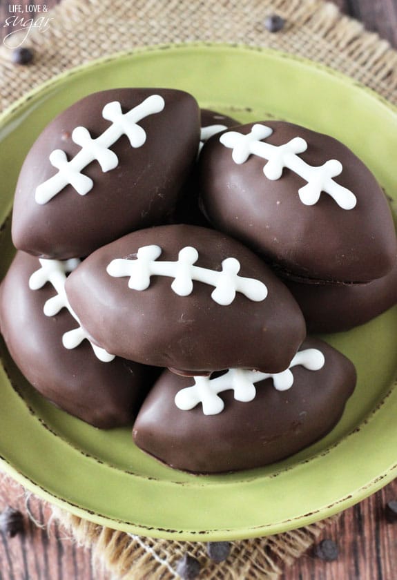 Eggless Chocolate Chip Cookie Dough Footballs on a green plate