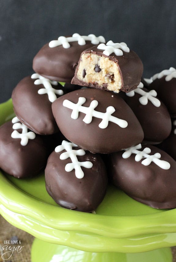 Eggless Chocolate Chip Cookie Dough Footballs - perfect for a Super Bowl Party and College Championship party!