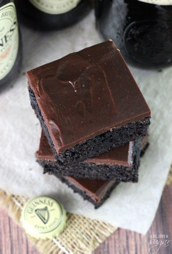 Overhead view of Guinness Brownies stacked on a napkin
