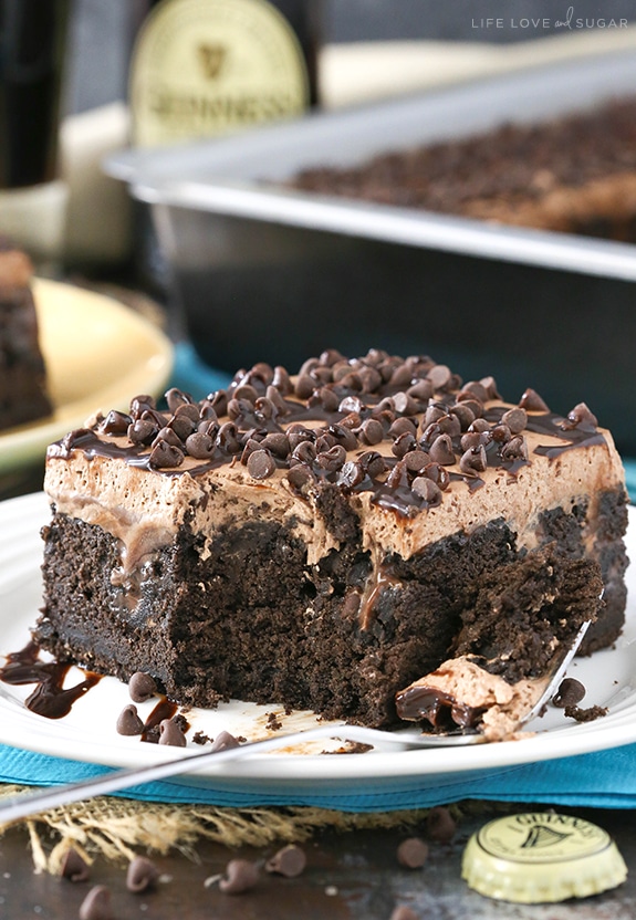 Guinness Chocolate Poke Cake serving on plate