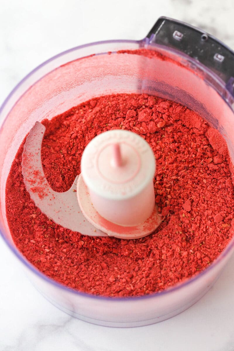 Powdered freeze-dried strawberries in a food processor.