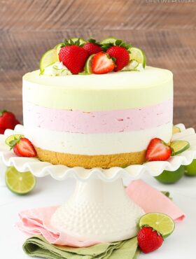 Key Lime Strawberry Coconut Ice Cream Cake on cake stand