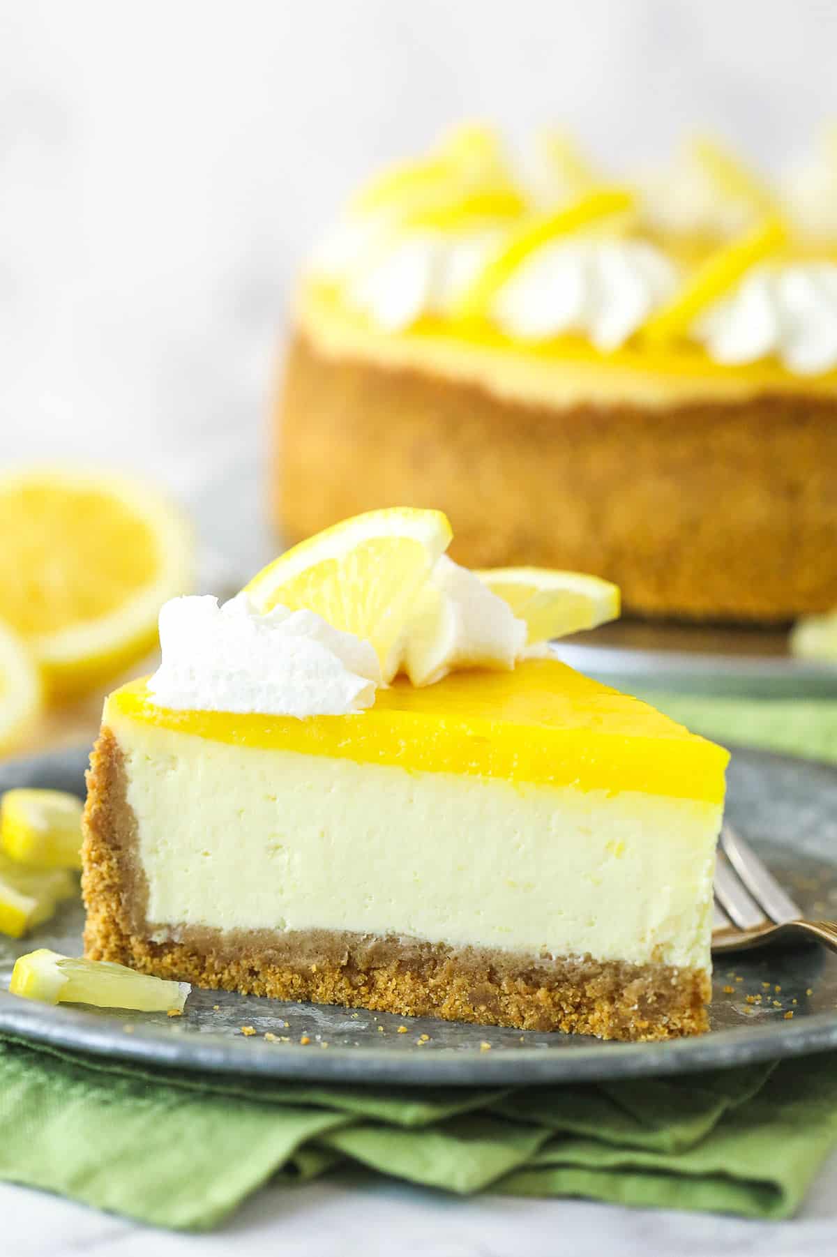 Lemon cheesecake served on a plate.