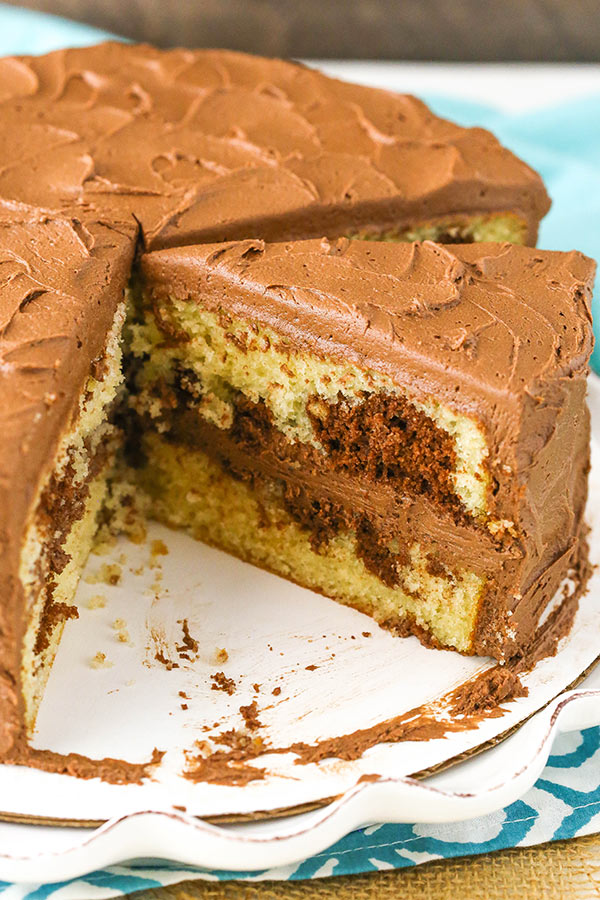 Marble Cake - swirls of chocolate and vanilla cake covered in chocolate frosting!