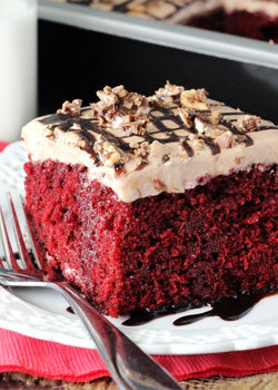 Nutella Red Velvet Poke Cake on white plate