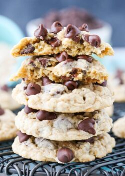 A stack of Oatmeal Chocolate Chip Cookies on a cooling rack