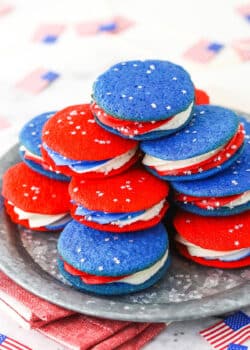 red, white and blue cookies on a silver plate - overhead image