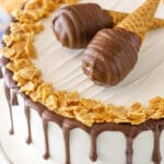 Overhead image of Peanut Butter Chocolate Ice Cream Cone Cake on a cake stand.