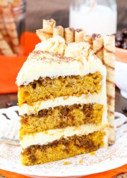 Pumpkin Tiramisu Layer Cake slice on a plate