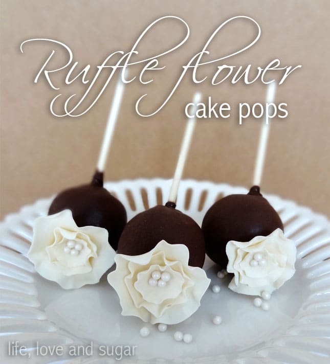 image of three Ruffle Fantasy Flower Cake Pops on white plate